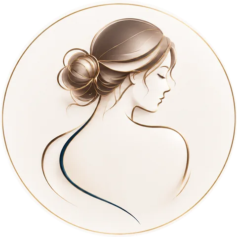 Ilustração: perfil de uma mulher de olhos fechados, com o cabelo preso, em traços dourados dentro de um círculo