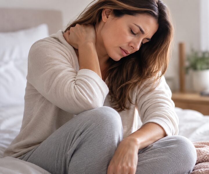 Imagem ilustrativa: mulher sentada na cama com a mão no pescoço, com expressão de dor e cansaço